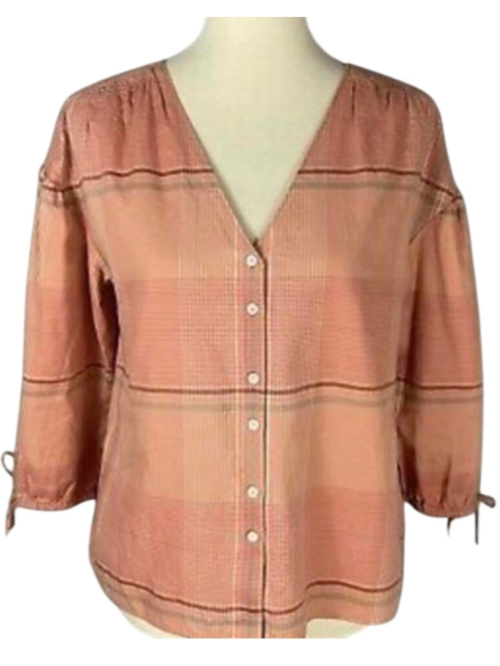 Madewell Morningview Shirt Peach Plaid Size M Tie Sleeve Cotton Blouse - Picture 3 of 7